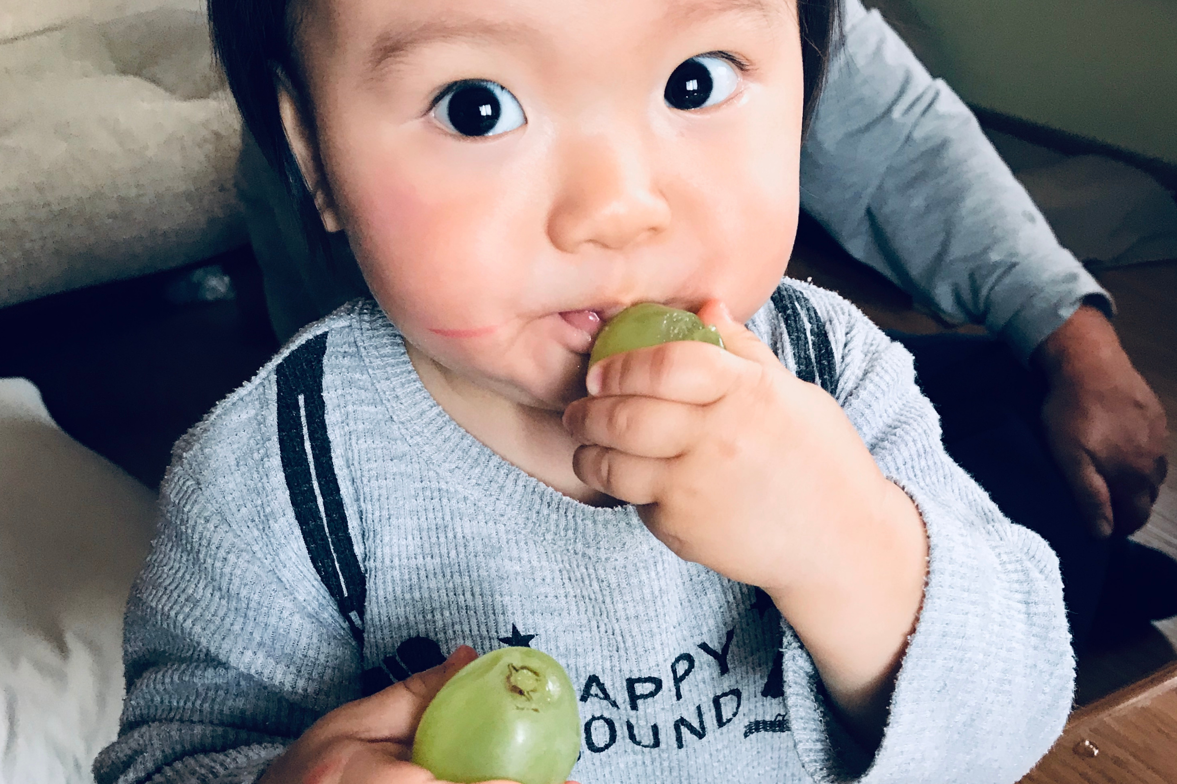 両手いっぱいにぶどうを持つ子ども